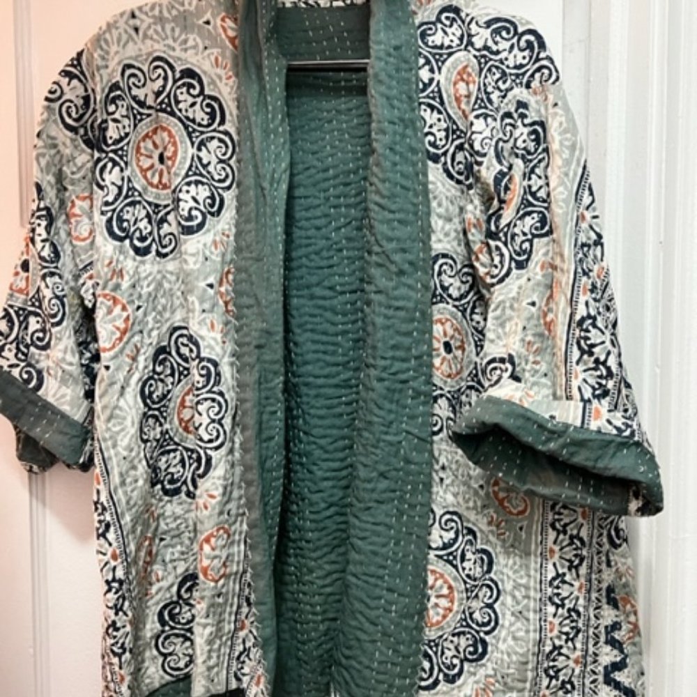 Kantha quilt jacket, blue/gray/rust multi print One Size
